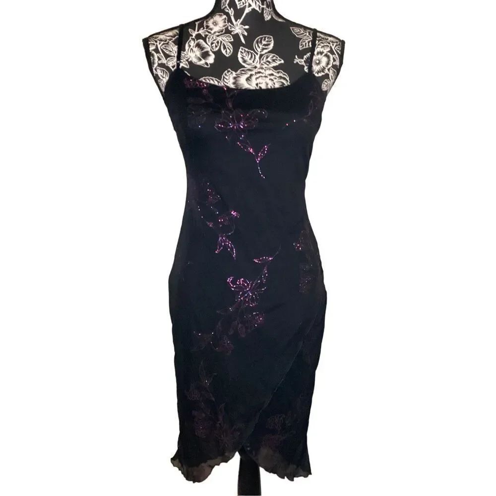 90s Vintage City Triangles Floral Dress Glitter Roses Formal Cocktail